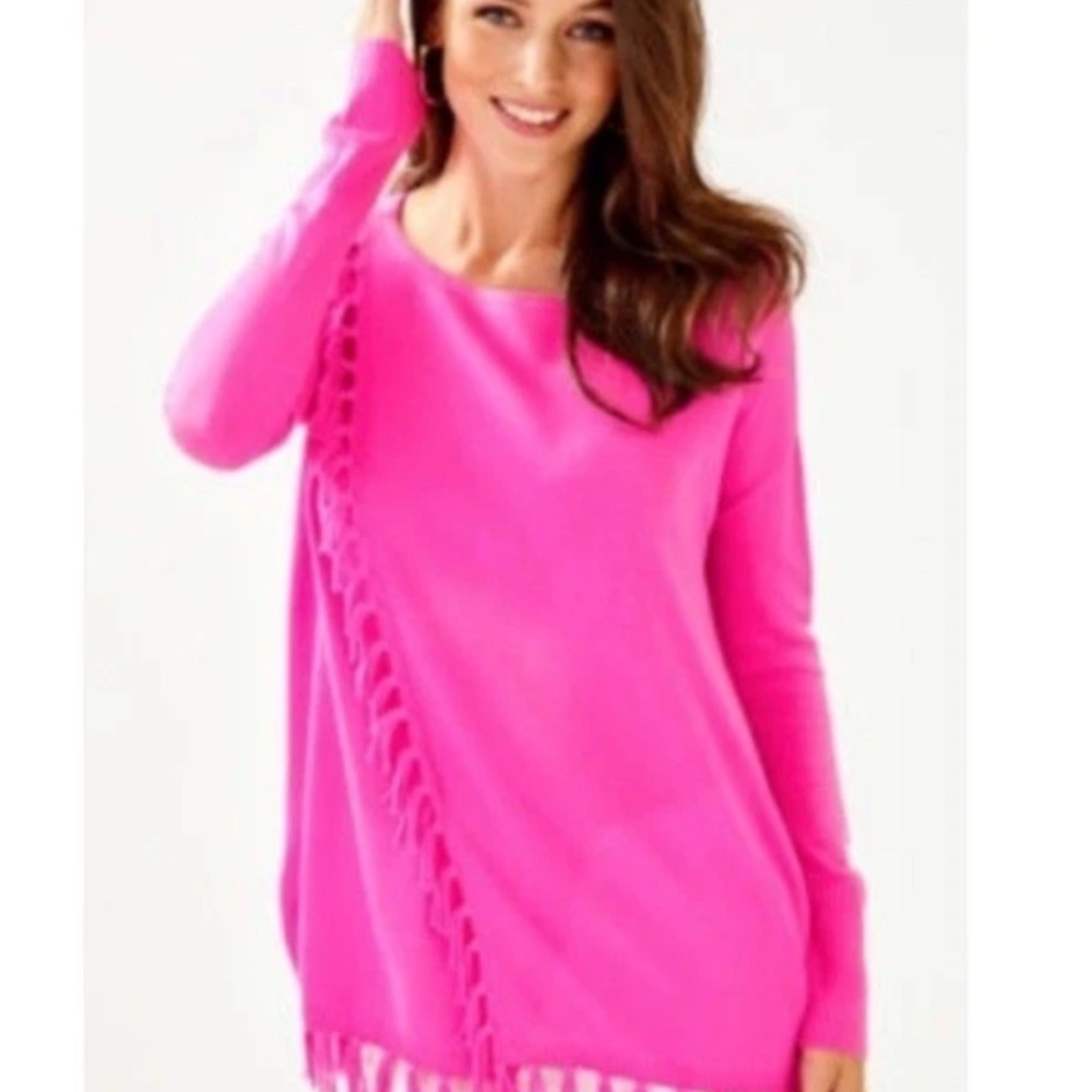 Lilly Pulitzer Emberly Pink Pullover Sweater Small Fringe Tassels Excellent RARE